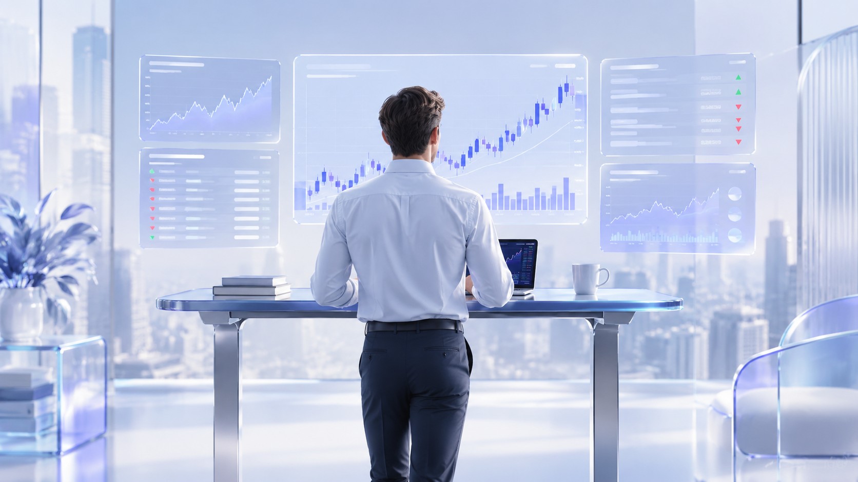 Investor at a standing desk watching fast moving intraday stock charts